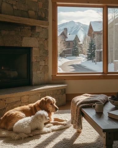Living room with stone fireplace, two dogs on rug, large windows overlooking snowy mountain village and peaks