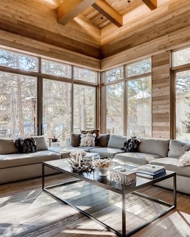 Modern log cabin living room with wraparound windows, exposed wood beams, sectional sofa, and forest views