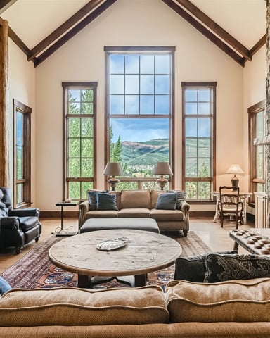 Spacious living room with vaulted ceiling, stone fireplace, leather seating, and large windows overlooking rolling hills.
