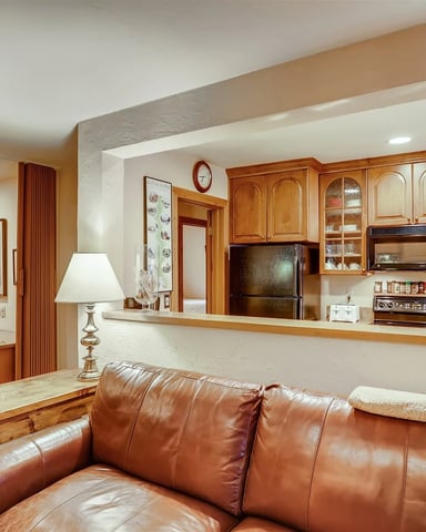 Open-plan kitchen and living room with brown leather sofa, wood cabinetry, stainless steel appliances, and built-in shelving.