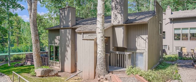 Modern multi-level house with tall chimneys nestled among birch trees, gravel pathways, and surrounding forest.
